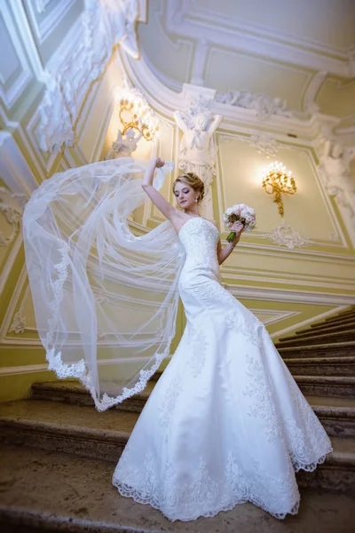 Belleza novia en vestido de novia con velo de encaje en el interior —  Fotos de Stock
