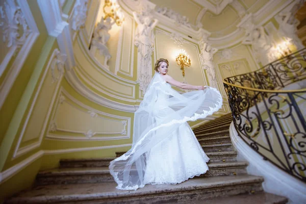 Belleza novia en vestido de novia con velo de encaje en el interior —  Fotos de Stock