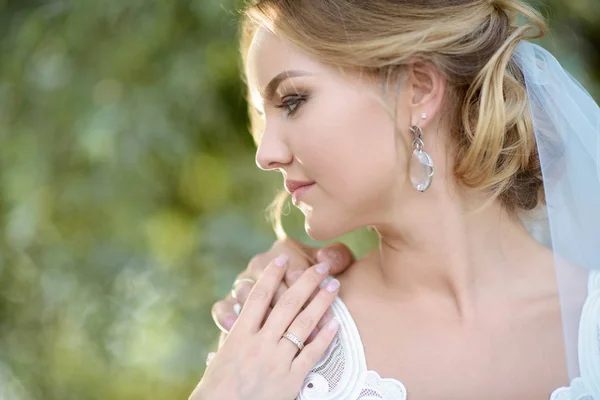 Belleza novia en vestido de novia con velo de encaje en la naturaleza —  Fotos de Stock