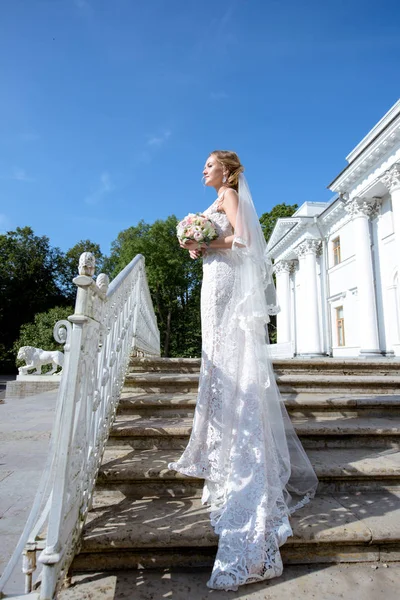 自然の中で花束とレースのベールと花嫁衣装の美しさの花嫁 — ストック写真