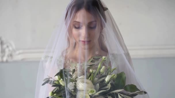 Mooie Jonge Bruid Prachtige Trouwjurk — Stockvideo