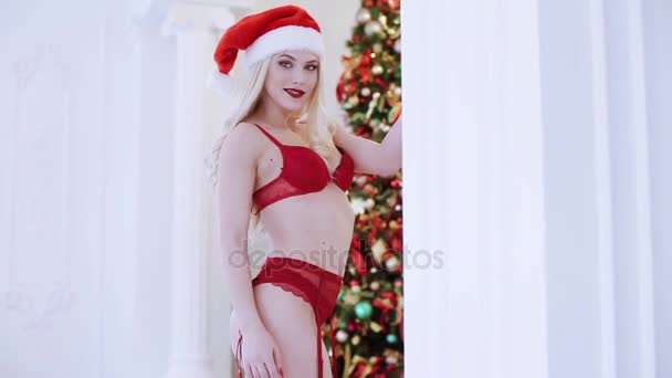 Krásná Mladá Žena Model Červené Prádlo Klobouk Santa Clause Pózuje — Stock video