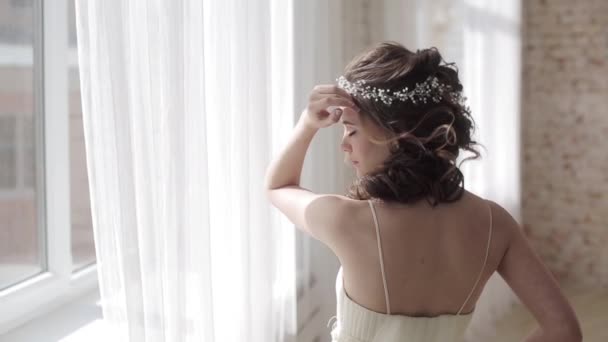 Beautiful Young Bride Gorgeous Wedding Dress — Stock Video