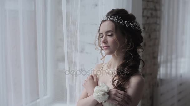 Bella Sposa Posa Studio Abito Sposa — Video Stock