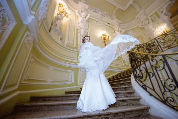 Krásu nevěsty ve svatební šaty s krajkovým závojem uvnitř — Stock fotografie