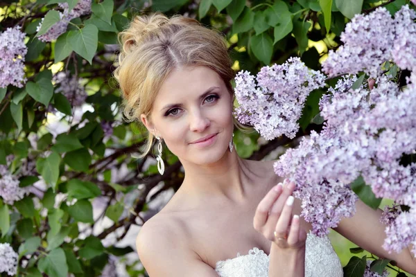 Noiva de beleza em vestido de noiva com véu de renda sobre a natureza — Fotografia de Stock