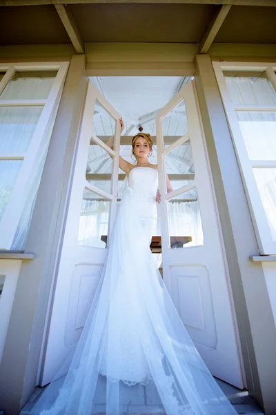 Krásu nevěsty ve svatební šaty s krajkovým závojem v přírodě — Stock fotografie