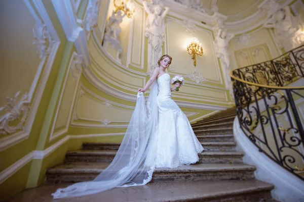 Noiva de beleza em vestido de noiva com véu de renda dentro de casa — Fotografia de Stock