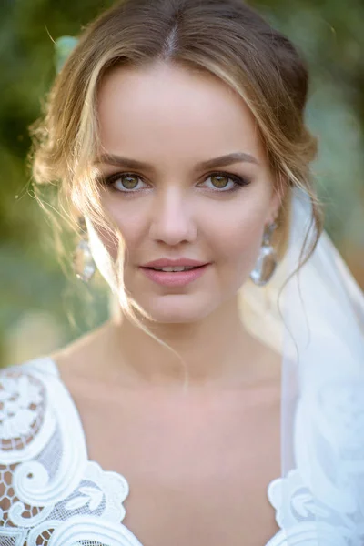 Beauty bride in bridal gown with lace veil in the nature — Stock Photo, Image