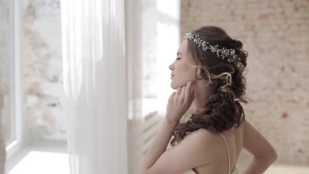 Beautiful Young Bride Gorgeous Wedding Dress — Stock Video