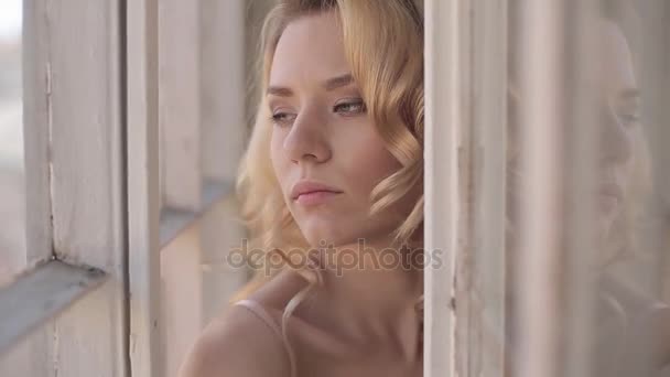 Beautiful Blonde Woman Posing Studio Lingerie Window — Stock Video