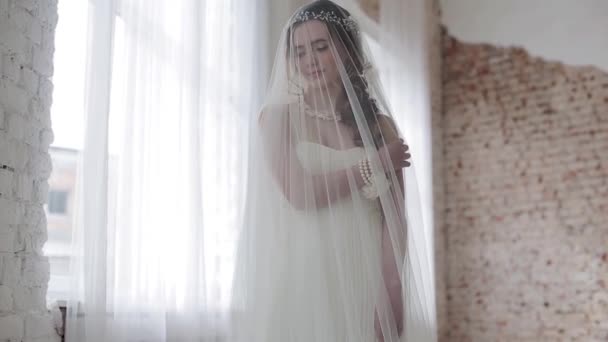 Красивая Молодая Женщина Невеста Вуали Позирует Студии — стоковое видео