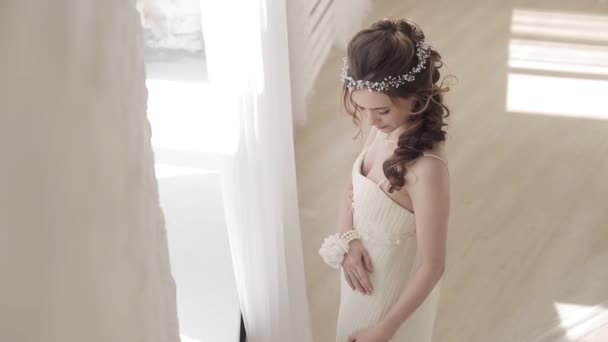 Beautiful Young Bride Gorgeous Wedding Dress — Stock Video