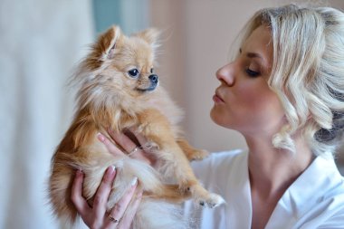 Güzellik gelin soyunma elbise ile kapalı sevimli bir köpek. Güzel model kız köpek yavrusu ile renkli düğün elbise içinde. Sevimli Bayan kadın portresi. Kadın saç modeli ile