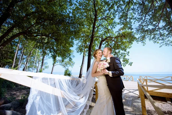 Casamento casal na natureza está abraçando uns aos outros — Fotografia de Stock