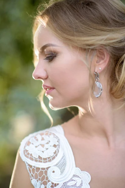 Belleza novia en vestido de novia con velo de encaje en la naturaleza —  Fotos de Stock