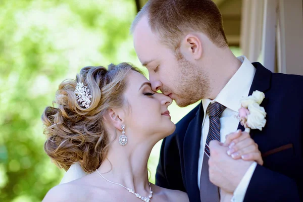 Casamento casal na natureza está abraçando uns aos outros — Fotografia de Stock