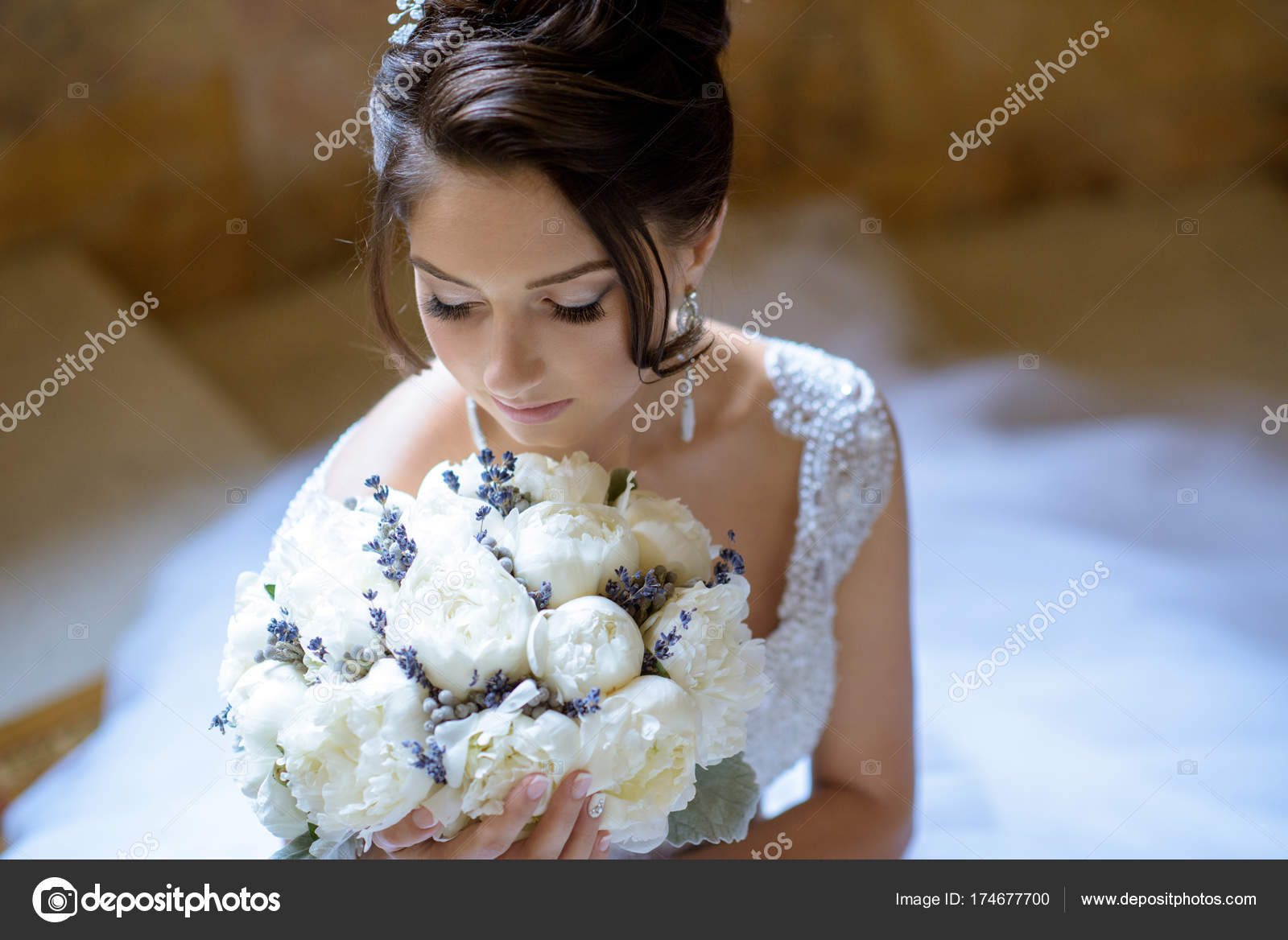Beauty Bride In Bridal Gown With Bouquet And Lace Veil