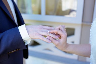 Güzellik gelin ve yakışıklı damat giyiyor birbirlerine yüzük
