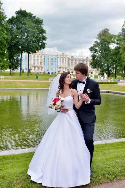 Casamento casal na natureza está abraçando uns aos outros — Fotografia de Stock