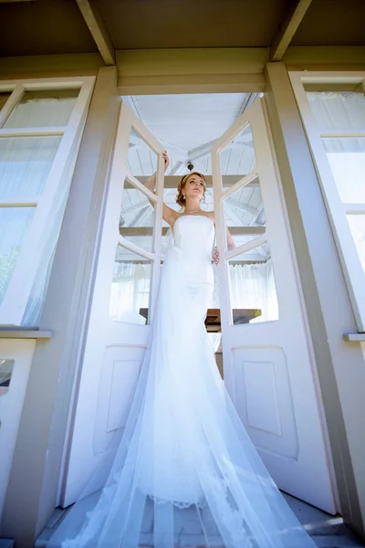 Krásu nevěsty ve svatební šaty s krajkovým závojem v přírodě — Stock fotografie