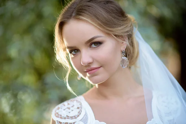 Краса нареченої в весільному сукні з мереживною завісою в природі — стокове фото