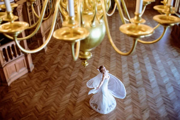 Noiva de beleza em vestido de noiva com véu de renda dentro de casa — Fotografia de Stock