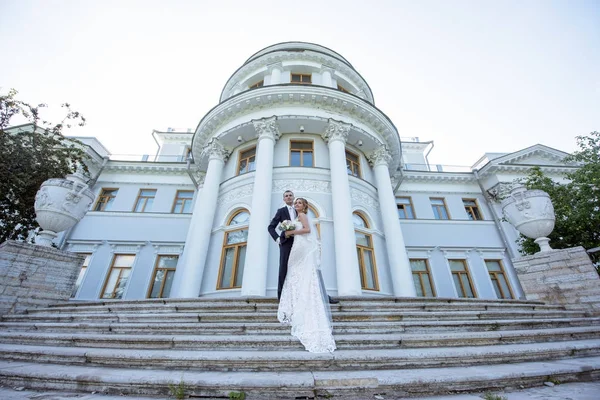 Casamento casal na natureza está abraçando uns aos outros — Fotografia de Stock