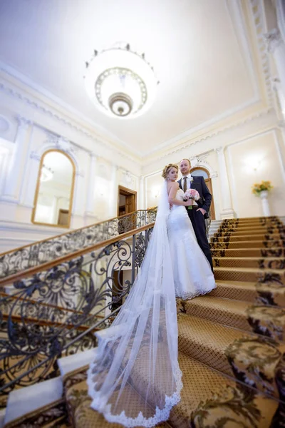 Wedding couple indoors is hugging each other — Stock Photo, Image