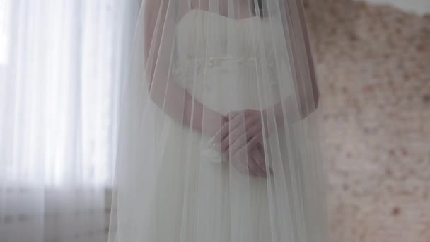 Gyönyörű Fiatal Menyasszony Visel Fátylat Pózol Stúdió — Stock videók