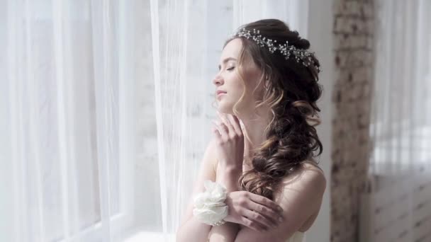 Beautiful Bride Posing Studio Wedding Dress — Stock Video