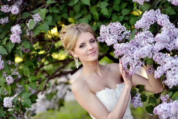 Noiva de beleza em vestido de noiva com véu de renda sobre a natureza — Fotografia de Stock