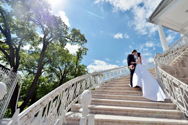 Couple de mariage sur la nature se serre dans ses bras — Photo