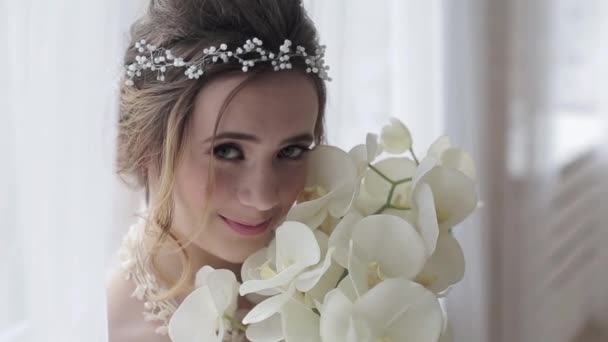 Beautiful Young Bride Gorgeous Wedding Dress — Stock Video