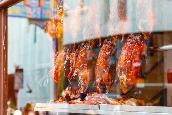 Fileiras Patos Assados Exibição Restaurante Chinês Londres Chinatown — Fotografia de Stock