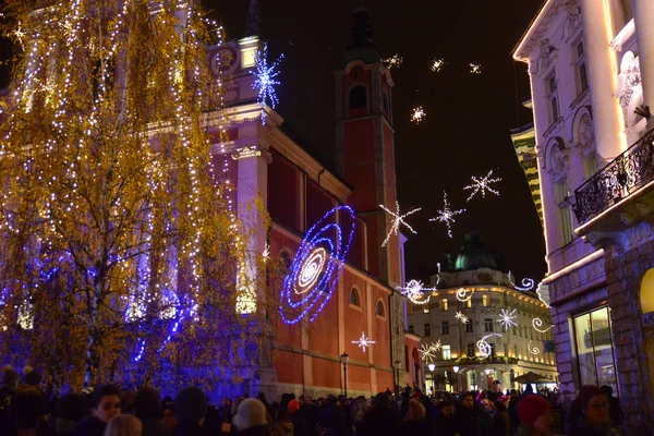 Ljubljana Słowenia Grudnia 2017 Oficjalny Oświetlenie Światła Boże Narodzenie Wakacje — Zdjęcie stockowe