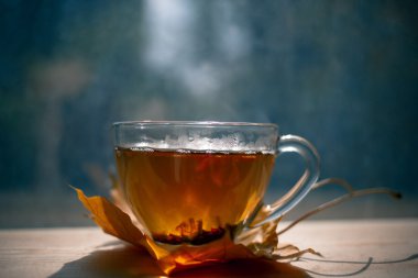 Sonbahar Natürmort: Akçaağaç çay pencerenin yakınındaki ahşap bir masa üzerinde bırakır. Güneş ışınları üzerinde demlenmiş çay. Güneşli bir pencere arka plan üzerinde sıcak çay.