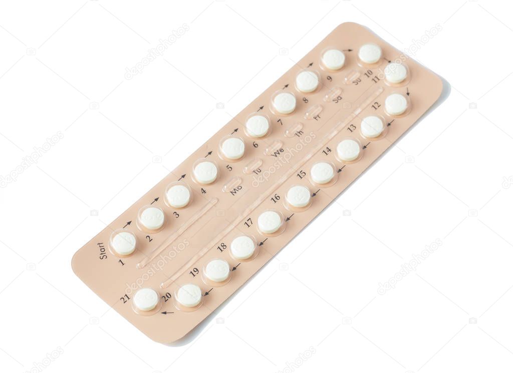 Colorful oral contraceptive pill strips isolated on white background with clipping path. birth control pill - healthcare and medicine. Strip of Contraceptive Pill with English Instructions.