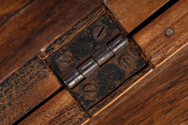 Door Hinges Wooden Background Rusty Iron Details Dark Wooden Background — Stock Photo, Image