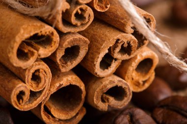 Kahve çekirdekleri ve tarçın çuval bezi bir arka plan üzerinde. Kavrulmuş kahve çekirdekleri arka plan kapatın. Üst metin kopyalama yeri olan kahve çekirdekleri kazık. Baharat. Baharat. Tarçın. Badian. Kahve evi.