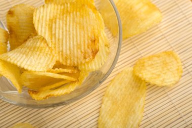 Gevrek patates cipsi. Fast Food. Patates. Yağlı sağlıksız gıdalar. Oluklu cips