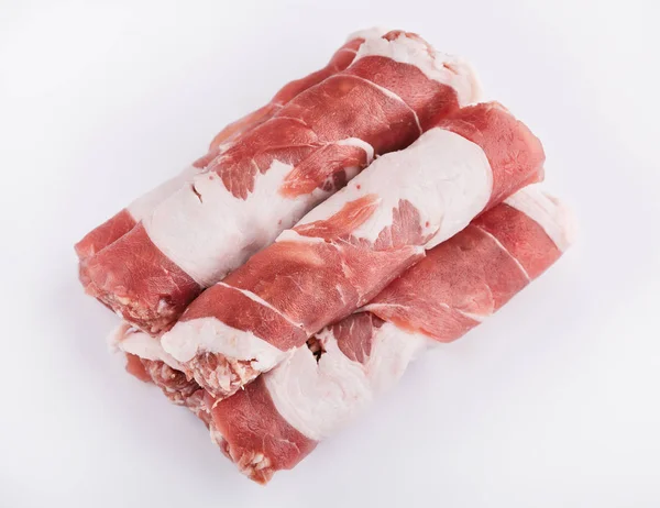 Raw pork meat. Bacon with veined veins. Minced meat. Meat dish. Beef. Texture of meat close-up. — Stock Photo, Image
