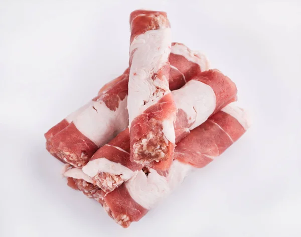 Raw pork meat. Bacon with veined veins. Minced meat. Meat dish. Beef. Texture of meat close-up. — Stock Photo, Image