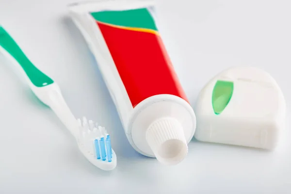 Toothbrush Toothpaste Isolated White Dental Floss Health Dental Hygiene Personal — Stock Photo, Image