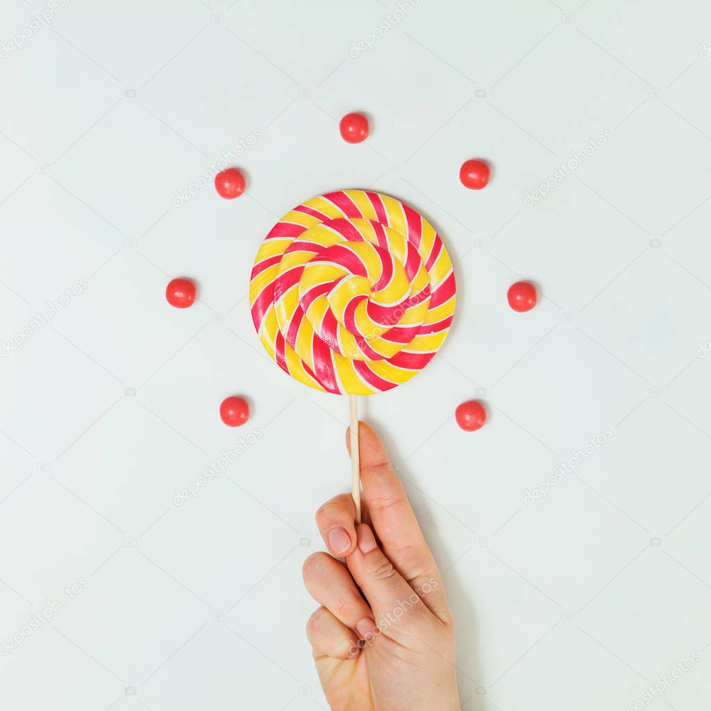 Candy Lollipop Hand White Background Lay Flat Pattern Minimal Sq