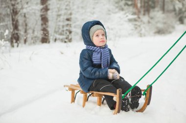 Ahşap kızak, güzel kış günü küçük kız