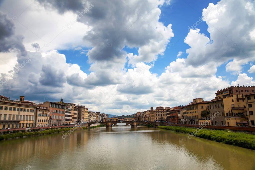 View up the Arno River in the centre of Florence, Tuscany, Italy