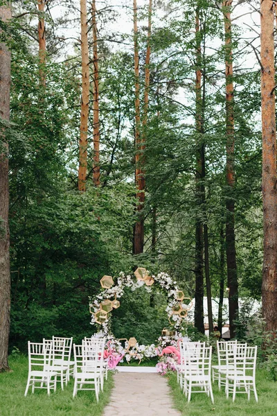 details of wedding decor in the forest in the open air