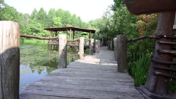 Landscape of a summer Park with wooden buildings — Stock Footage Landscape Summer Park Wooden Buildings Royalty Free Stock Video