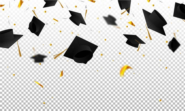 Mezun kapaklar ve konfeti. Şapkalar kusmandı. Diplomalı davetiye kartı.